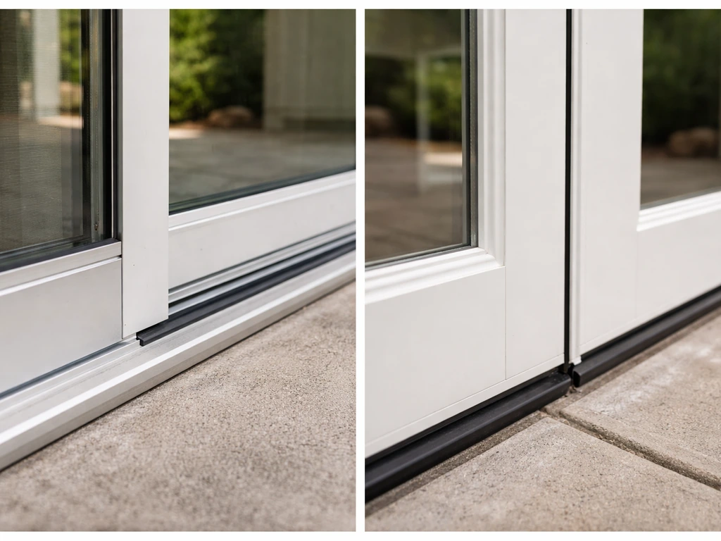 Split photo showing sliding patio door track on the left and hinged patio door seam on the right.