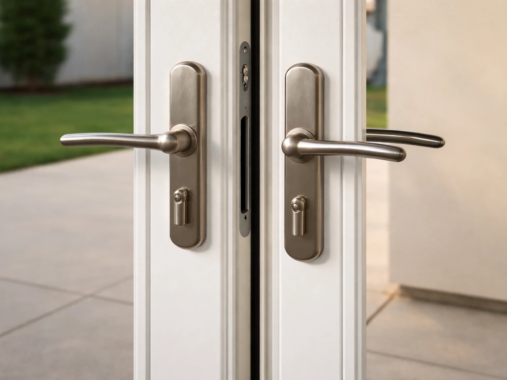 Close-up of hinged French doors where the two panels meet at the center seam, showing a vulnerable seam gap.