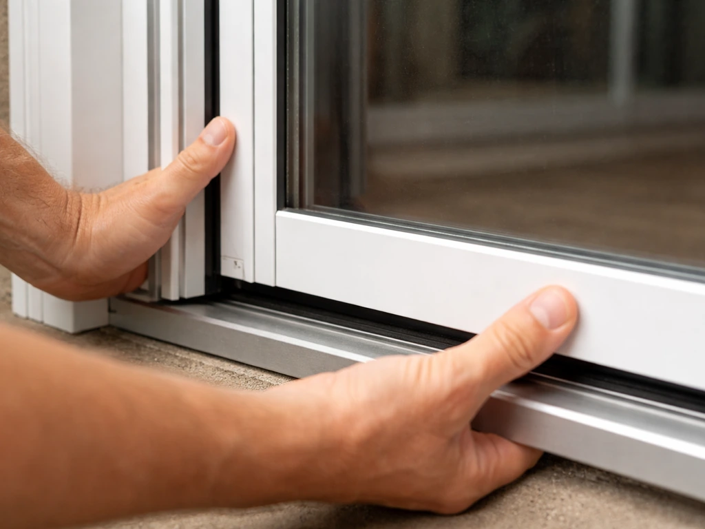 Close-up of hands gripping a closed sliding patio door panel, checking for lift/play near the track.