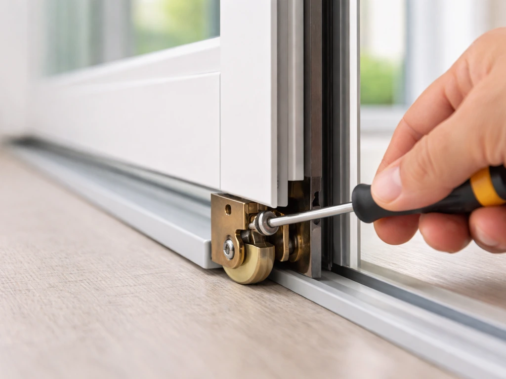 Hand turns a sliding door roller adjustment screw with a screwdriver to align the door latch.