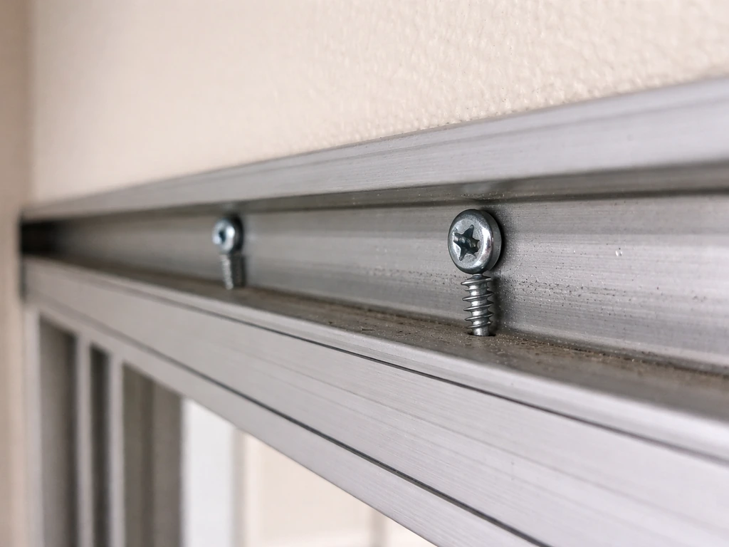 Close-up of anti-lift self-tapping screws installed in an upper sliding door track.