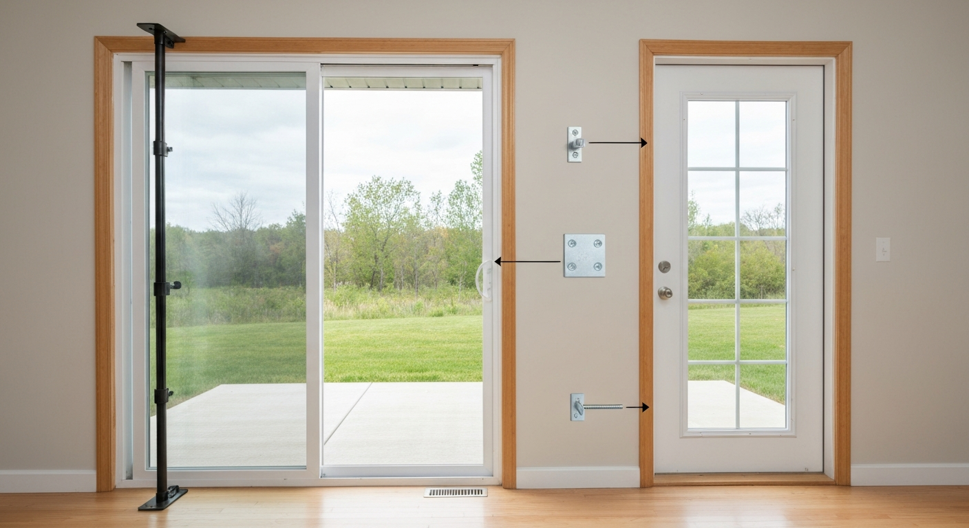 Interior view of a ground-level patio door showing a security bar, dowel in track, anti-lift clip, and reinforced strike plate