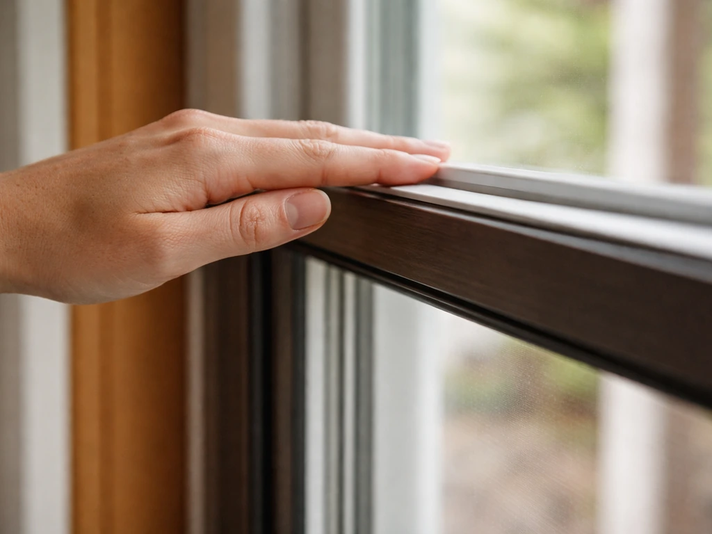 Hand sliding along the top edge of a closed patio door frame to find a draft gap from latch to hinge.