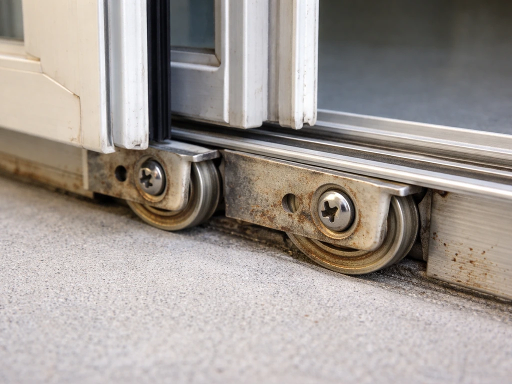 Close-up of a sliding patio door bottom roller and adjustment screw showing wear and height gap.