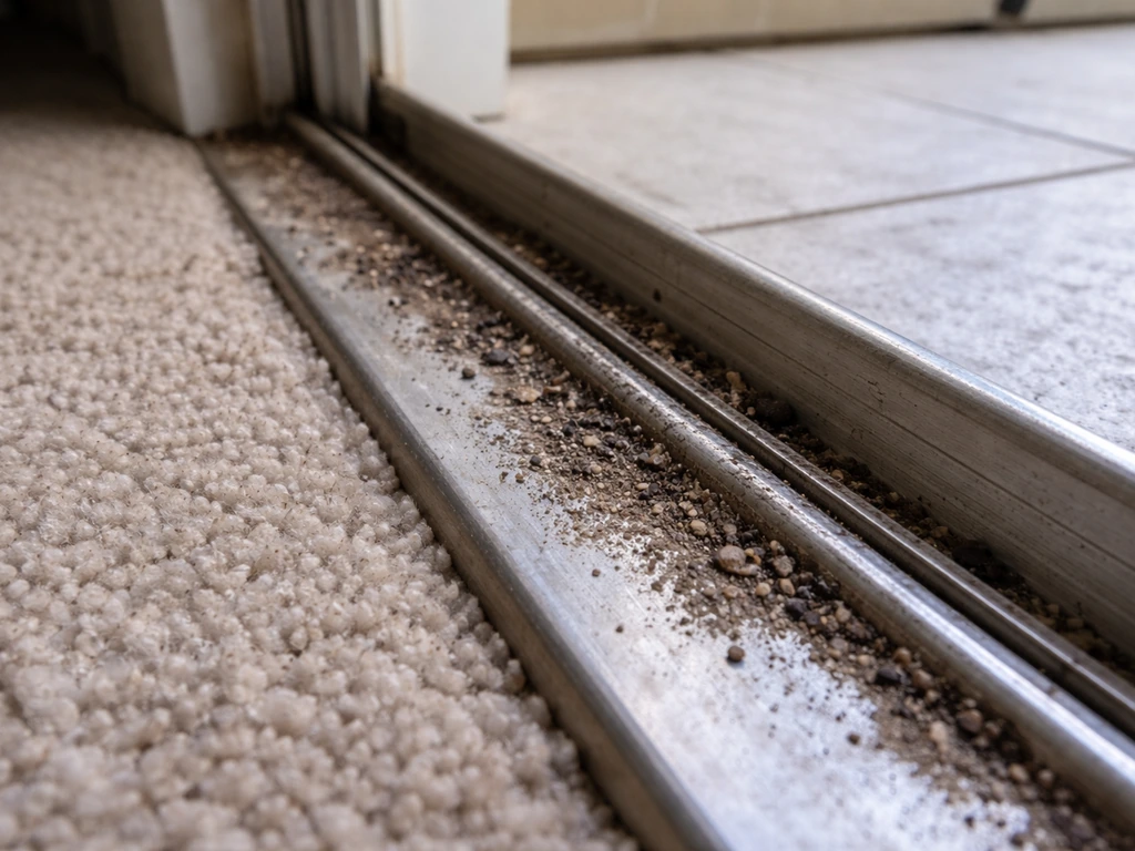 Close-up of a sliding door bottom track with debris buildup and a slightly bent track edge affecting alignment.