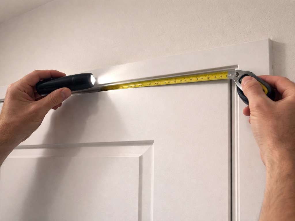 Hands measuring a door’s top reveal gap with a flashlight and tape measure at three points