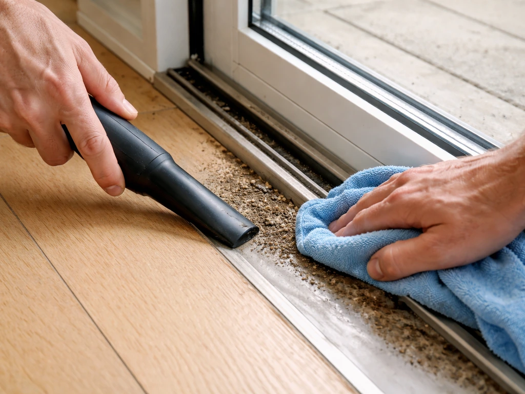 Hand vacuuming and wiping a bottom door track channel, clearing debris before adjusting rollers.