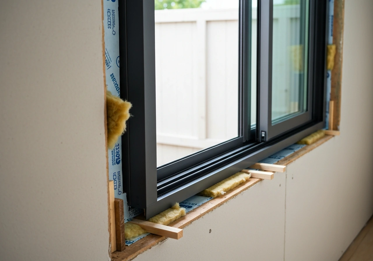 New patio door frame installed in former window opening with weatherproofing materials visible