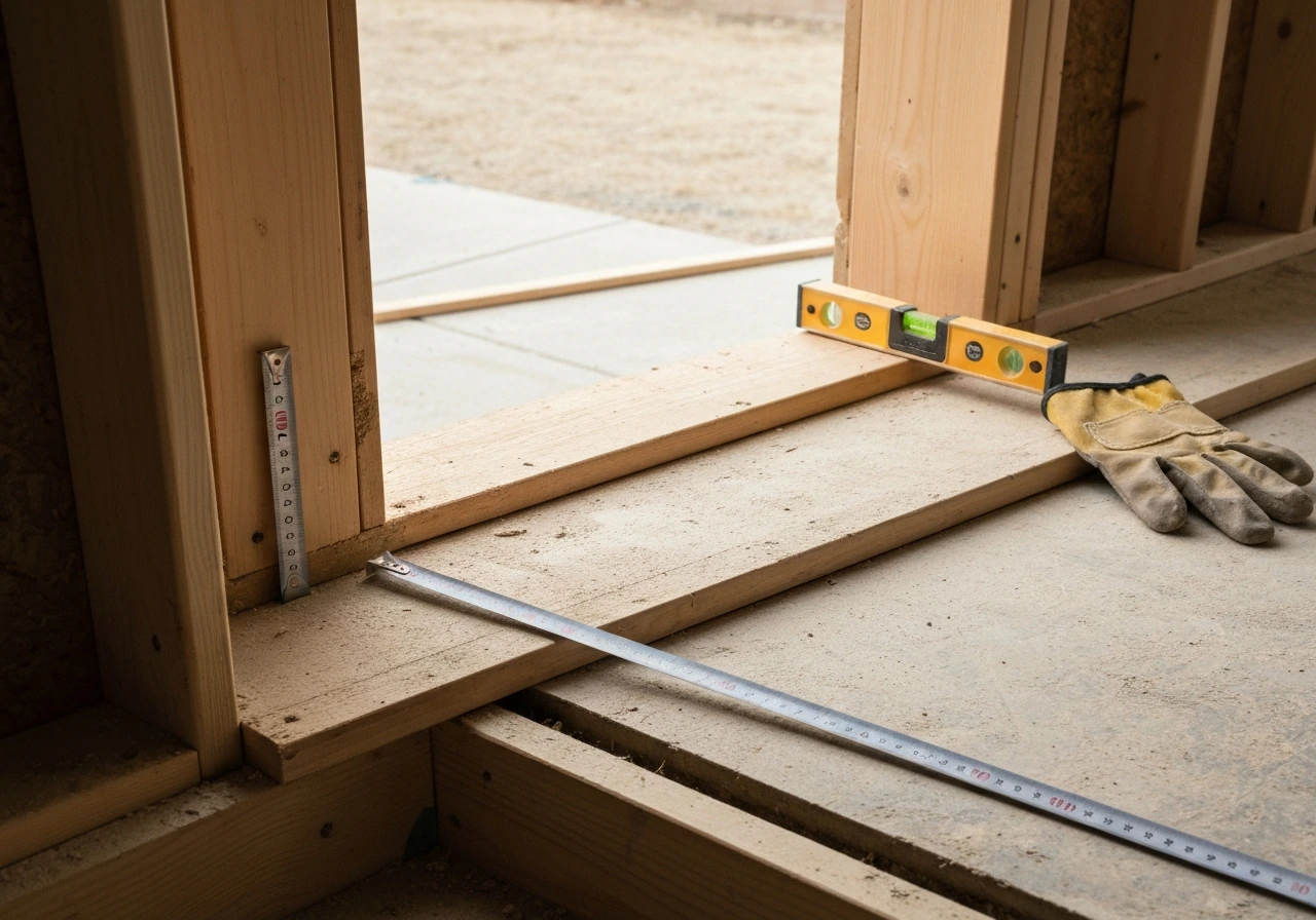 Measuring the rough opening and sill height of a patio door frame inside a home.