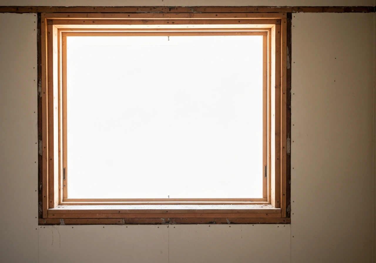 Interior view of an exposed rough opening after old window and trim are removed, ready for new framing.