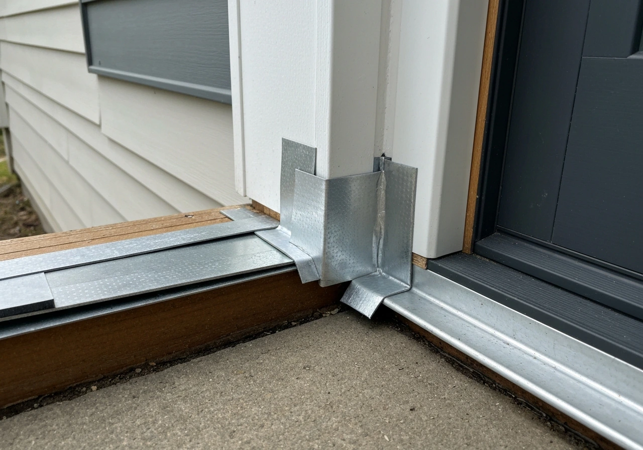 Close-up of exterior door sill flashing layers and sealant details with water-management materials installed.