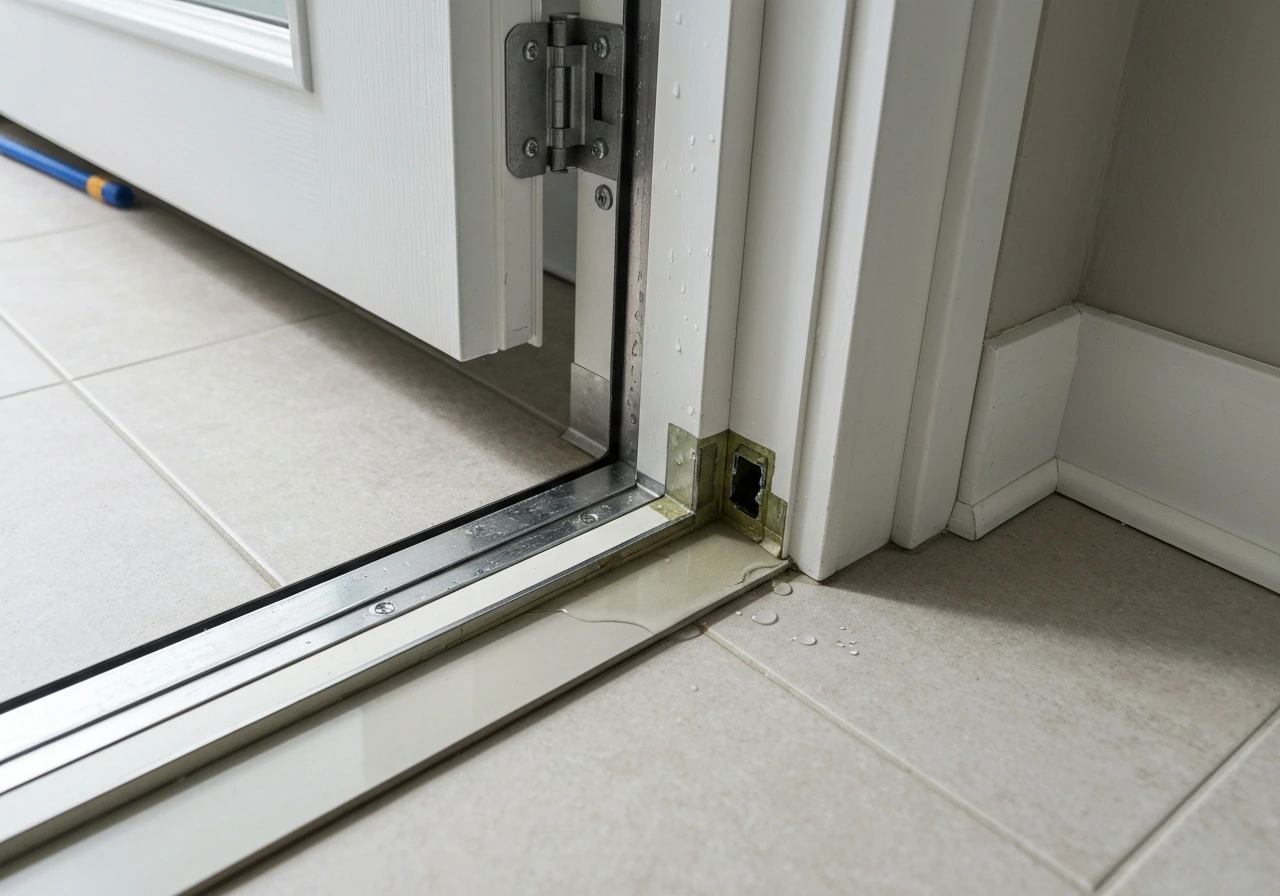 Close-up of an exterior door’s bottom track with water leaking onto a damp threshold corner.