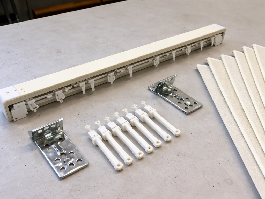 Vertical blind headrail, brackets, carrier stems, and vanes laid out on a workbench for identification.