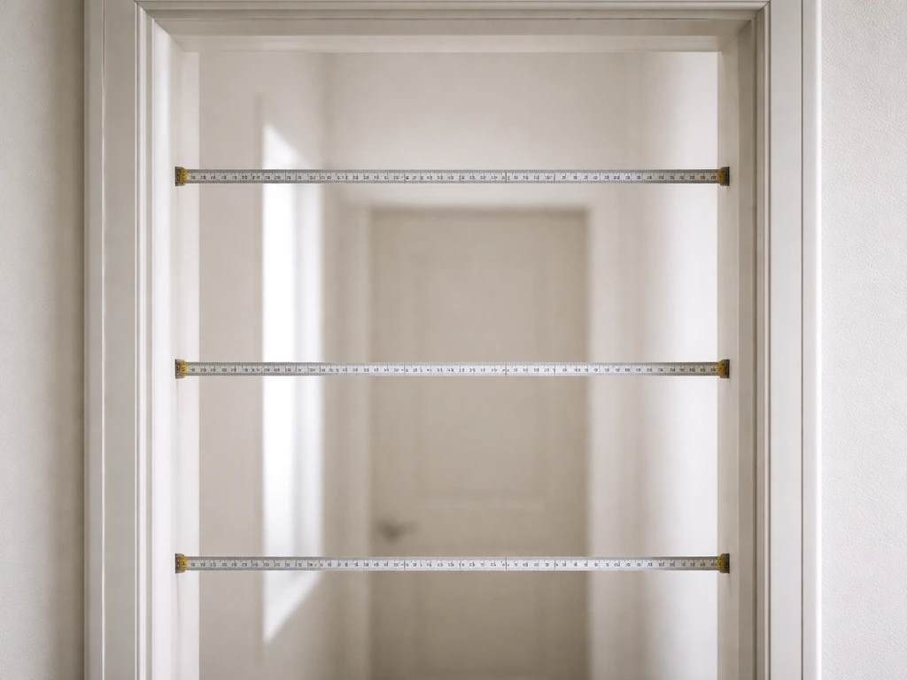 Close-up of a measuring tape across an inside frame opening, with the narrowest width emphasized.
