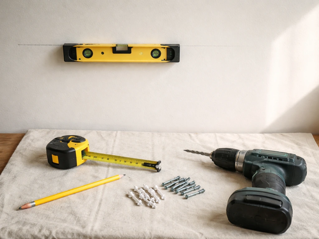 Tools laid on a drop cloth: tape measure, pencil, torpedo level, drill, screws and wall anchors near a blank wall