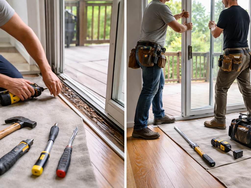 Split-scene showing solo DIY vs two pros installing a sliding patio door, tools in place.