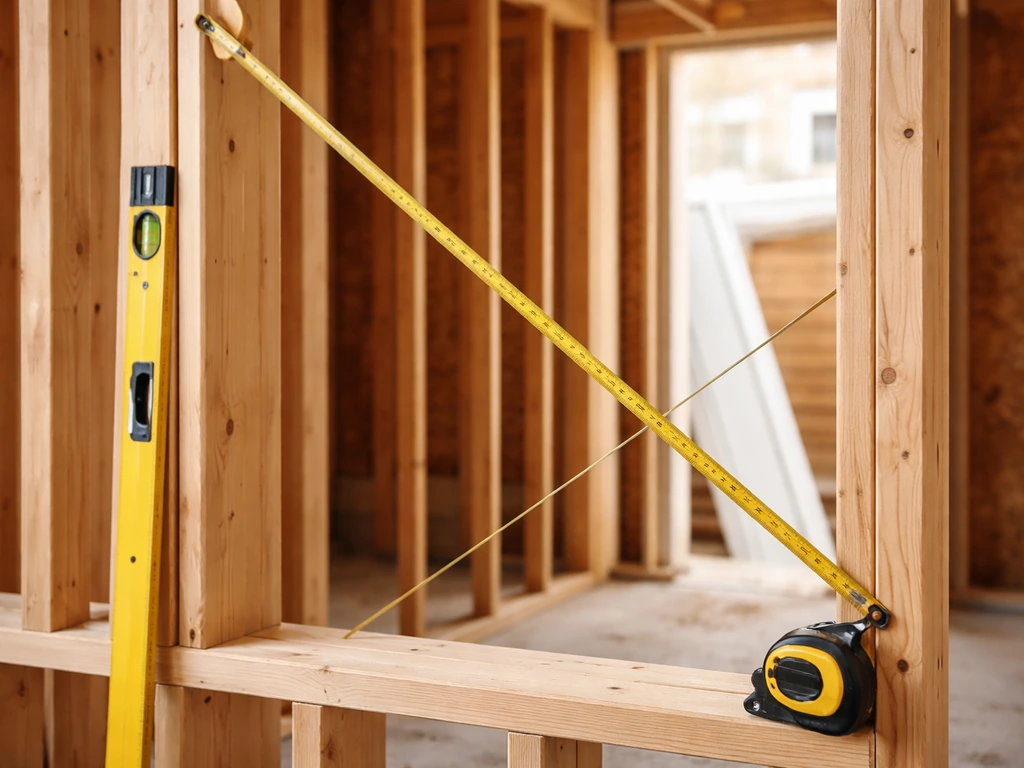 Close-up measuring a door rough opening with tape measure on exterior framing, showing careful alignment.