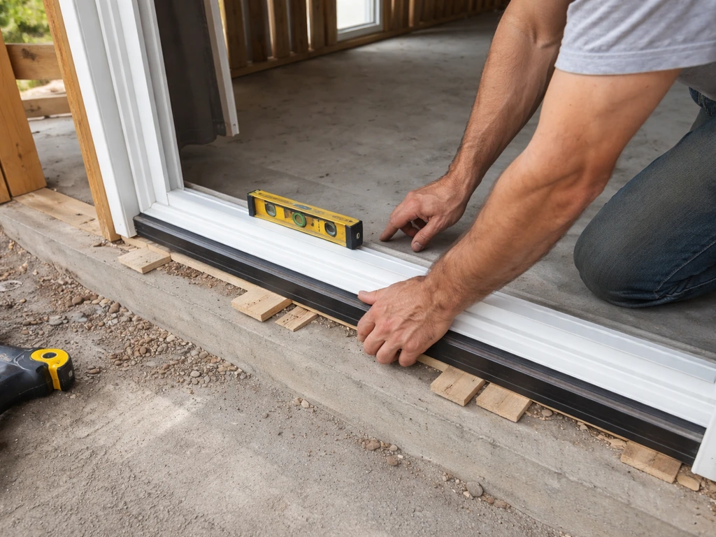 Installer hands shim and center a partially installed patio door frame at the sill and sides.