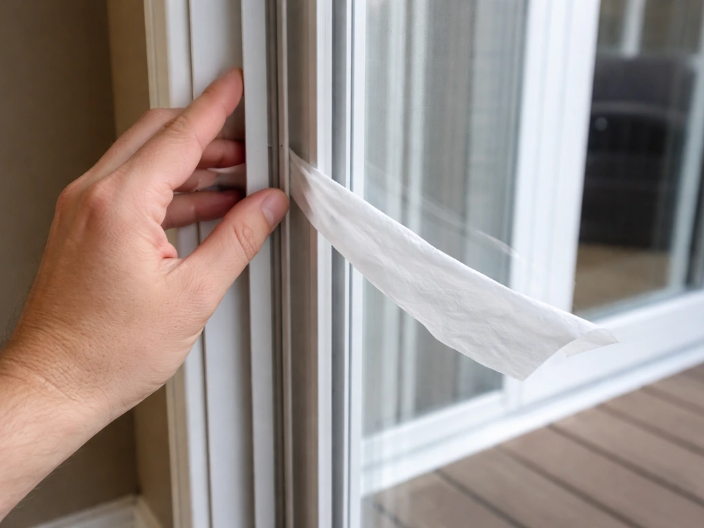 Hand gliding along the sealed patio door edge while tissue flutters near the weatherstrip.
