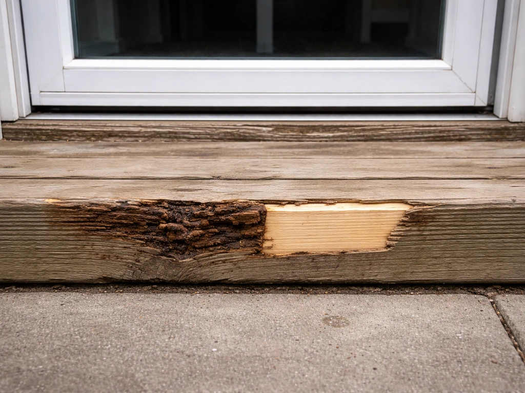 Front view of a wood patio door step and threshold showing rot and a small draft gap to repair.