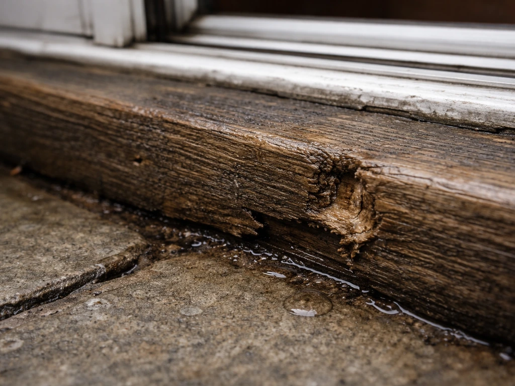 Close-up of a wet, stained patio door wooden threshold with a small separation gap near the step.