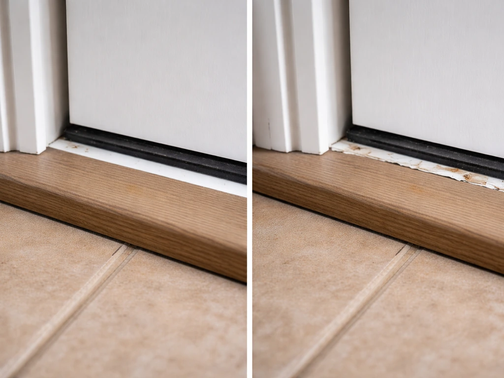 Split view of a doorway threshold: one side looks solid, the other shows degraded caulk and minor gaps