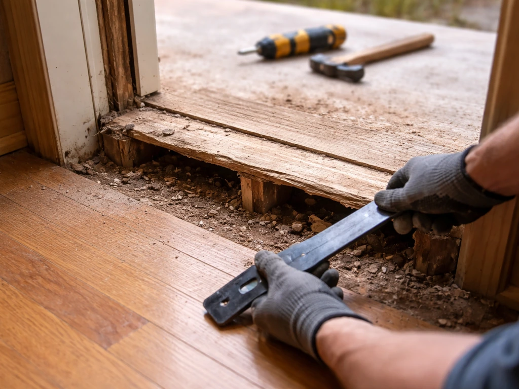 Gloved hands pry out a damaged wooden threshold, exposing sub-framing ready for DIY repair.