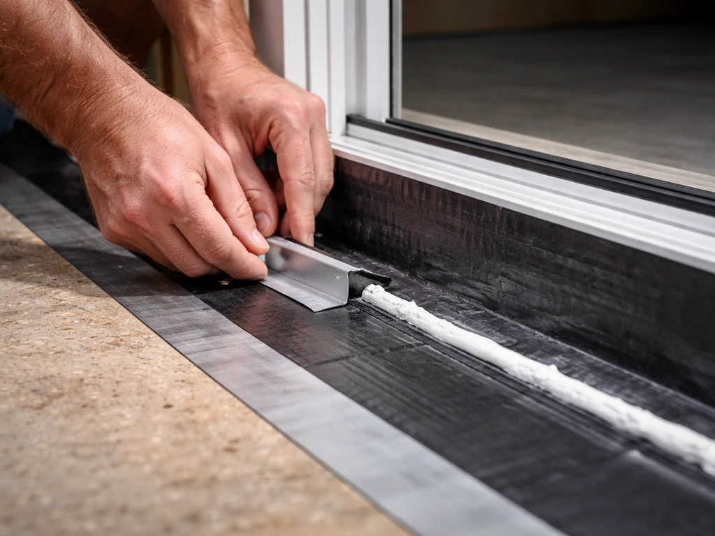 Hands install waterproof flashing under a patio door threshold over a sill pan before installing the new threshold.