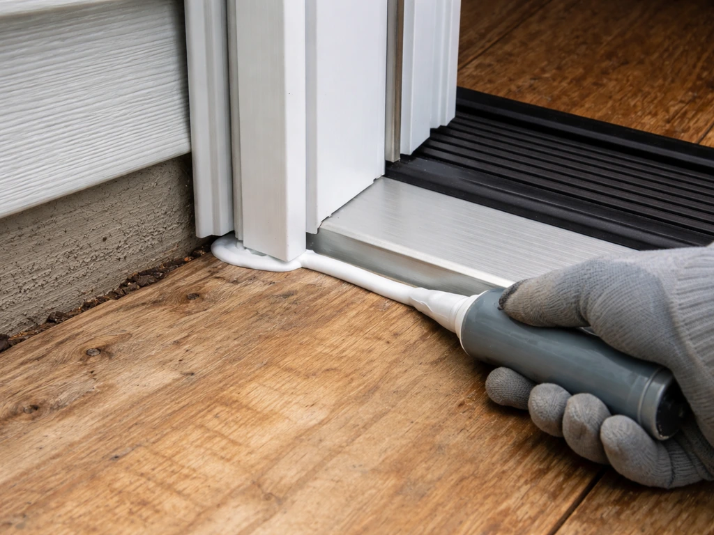 Gloved hand applying exterior polyurethane caulk along an exterior door threshold seam to prevent drafts and rot.