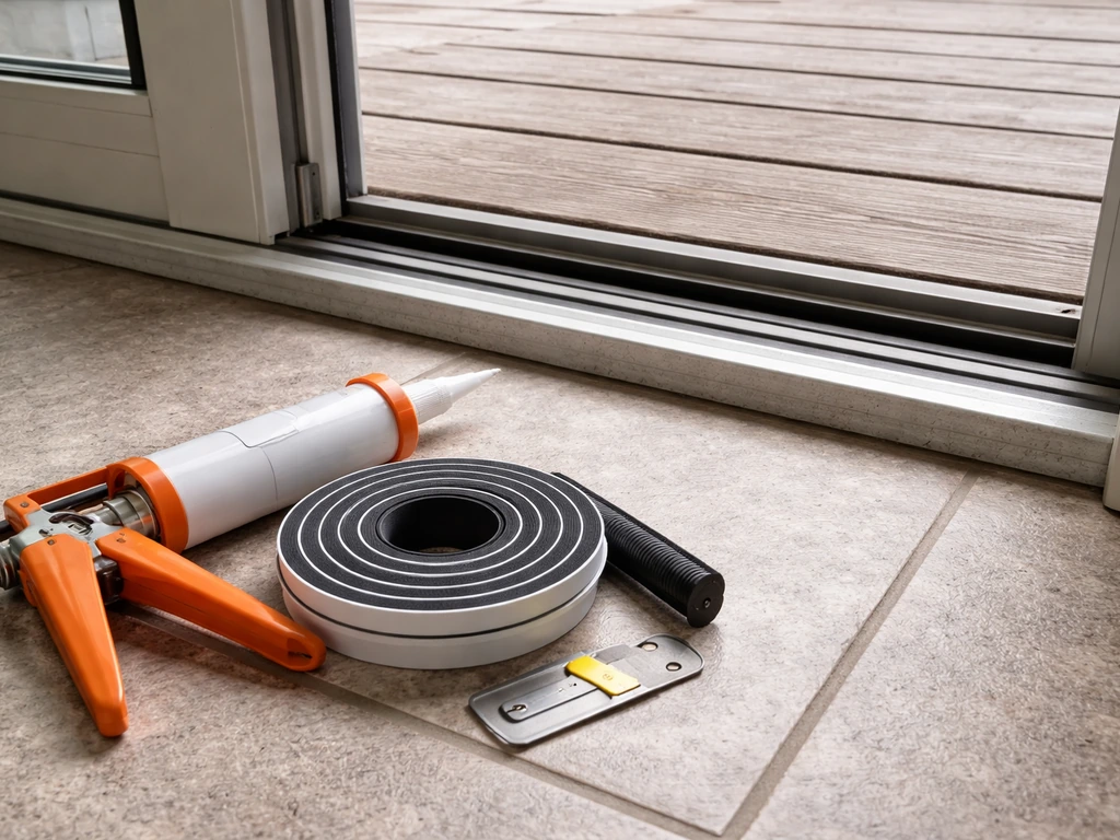 Close-up of patio door threshold with a visible bottom gap and a DIY weatherstrip/caulk tool kit nearby.