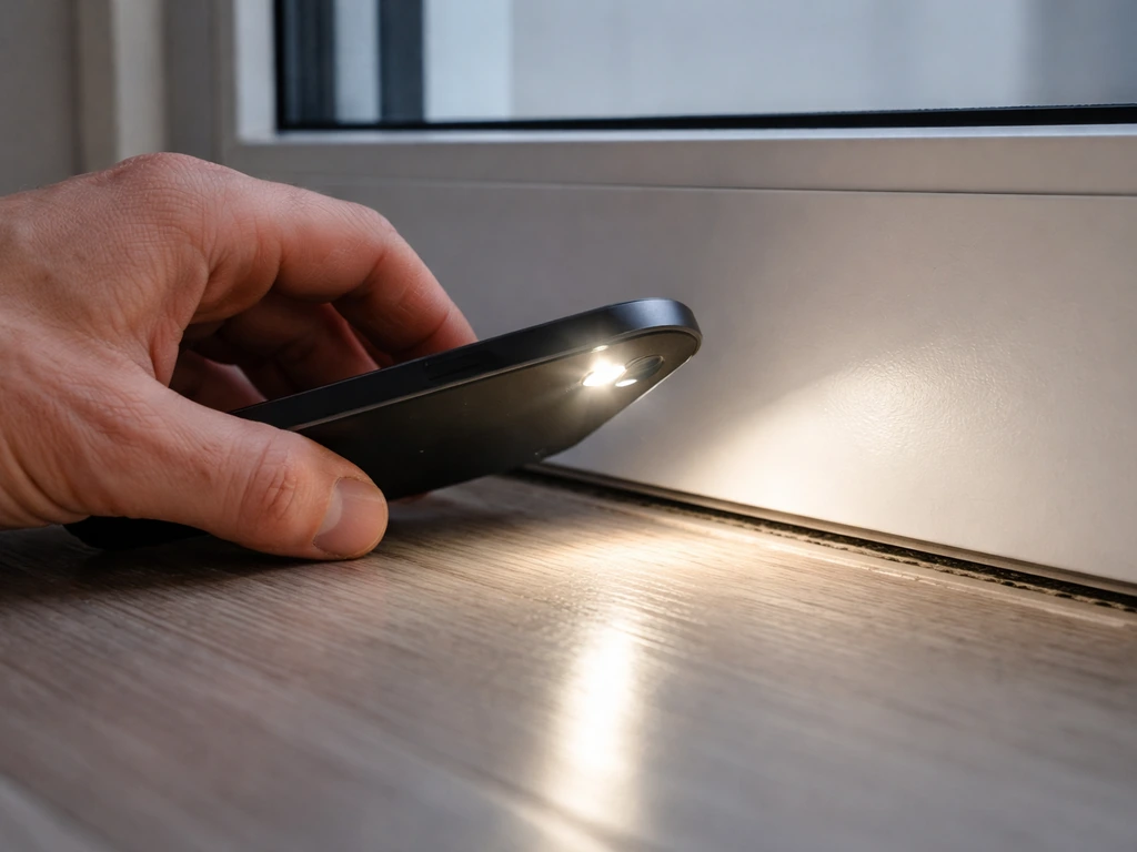 Close-up of a hand holding a smartphone flashlight near a window/door bottom track to check a gap