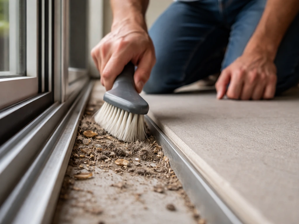Kneeling view cleaning the bottom track of a sliding patio door with pet hair and grit buildup.