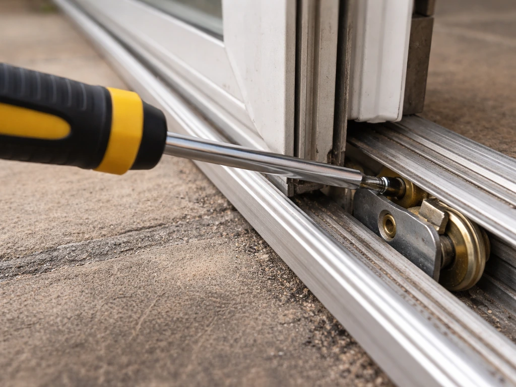 Screwdriver turning an adjustment screw through an access hole on a sliding patio door bottom rail.