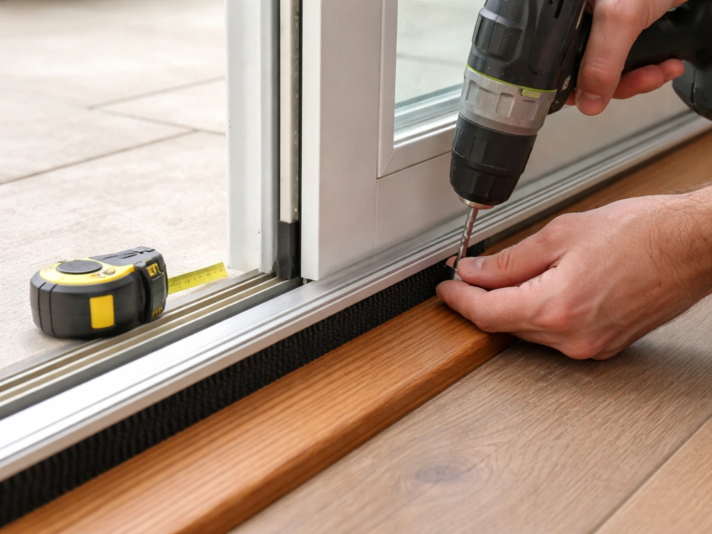 Hands installing a brush door sweep at the bottom of a sliding patio door, fastening it in place.