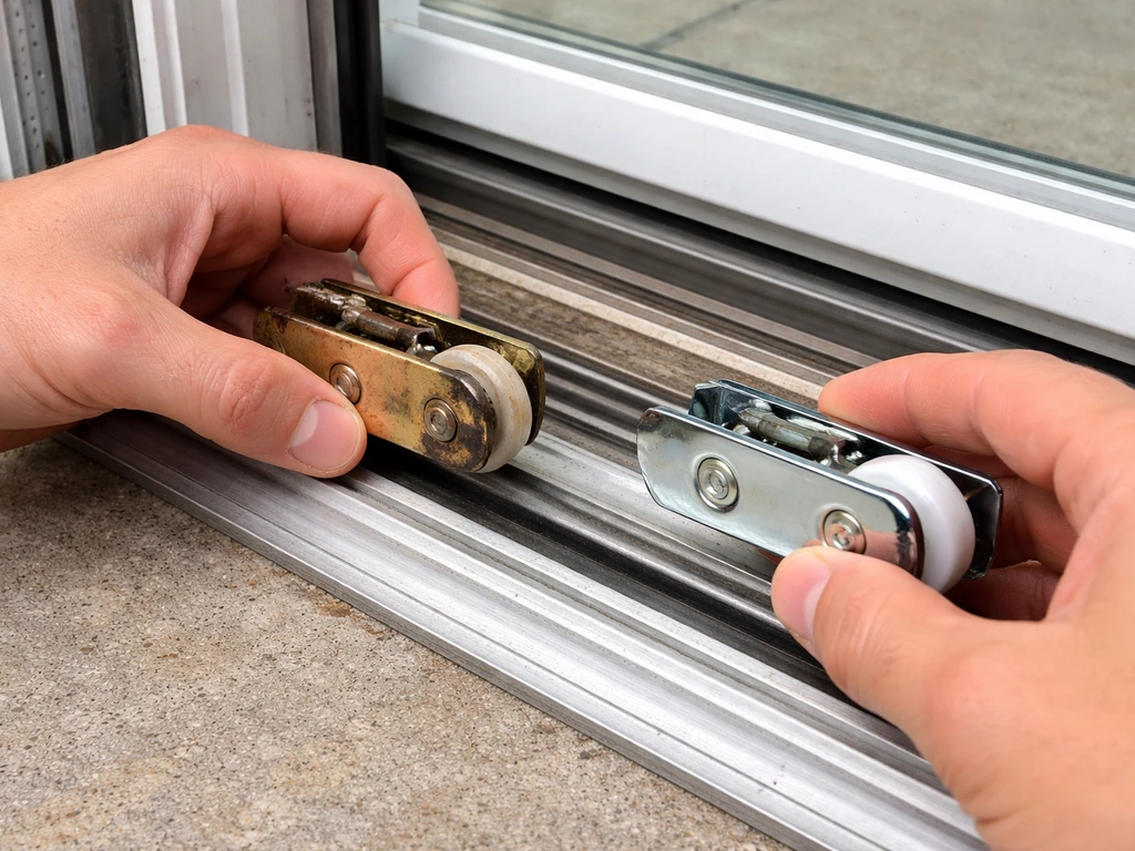 Hands removing and reinstalling a sliding patio door roller assembly near the track