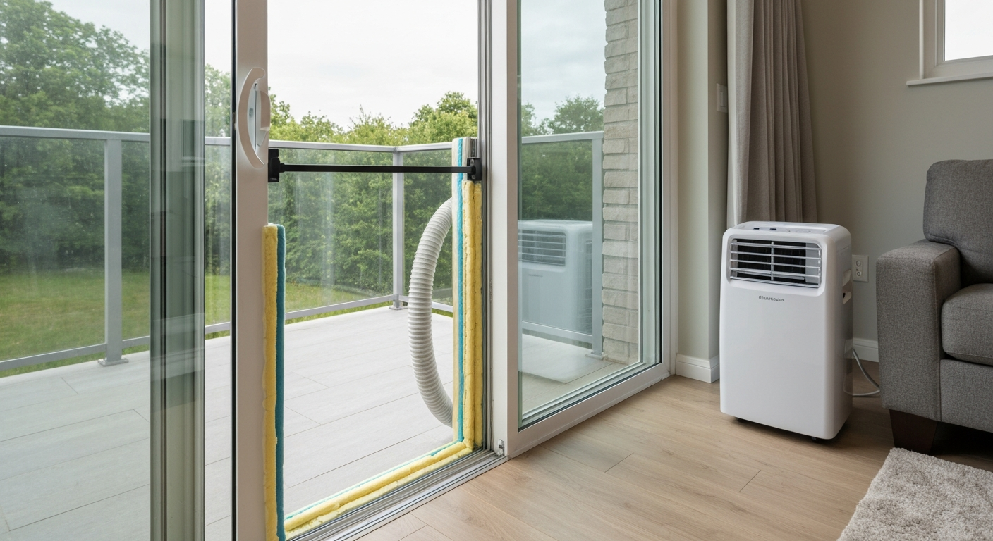 Wide view of a portable air conditioner inside a living room vented through a sliding glass patio door using a telescoping vent panel, with foam weatherstripping and a security bar in place.