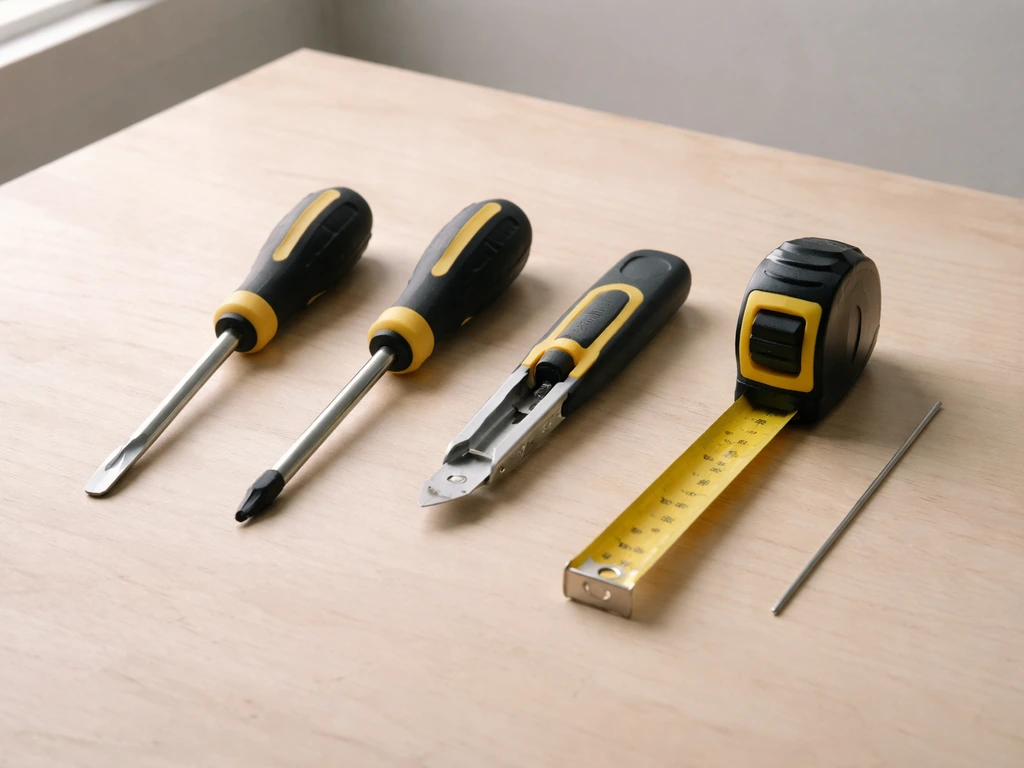 Tools laid out on a workbench: screwdrivers, utility knife, tape measure, and a thin weep-hole tool.