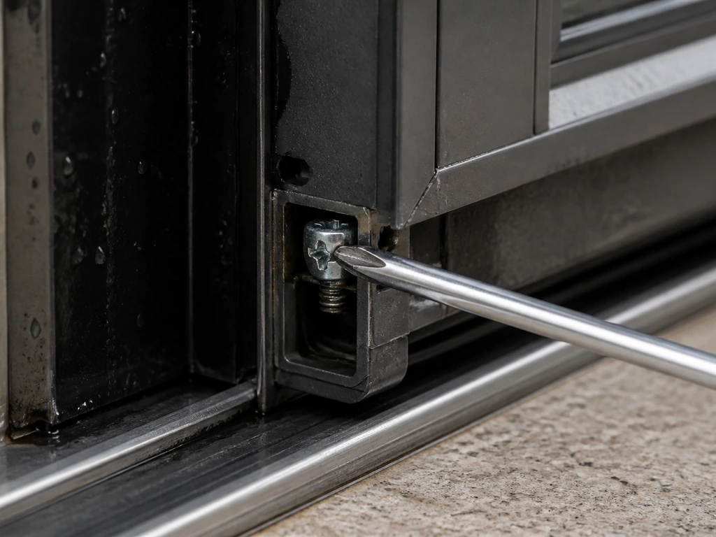 Close-up of a patio door bottom corner with a screwdriver turning an adjustment screw