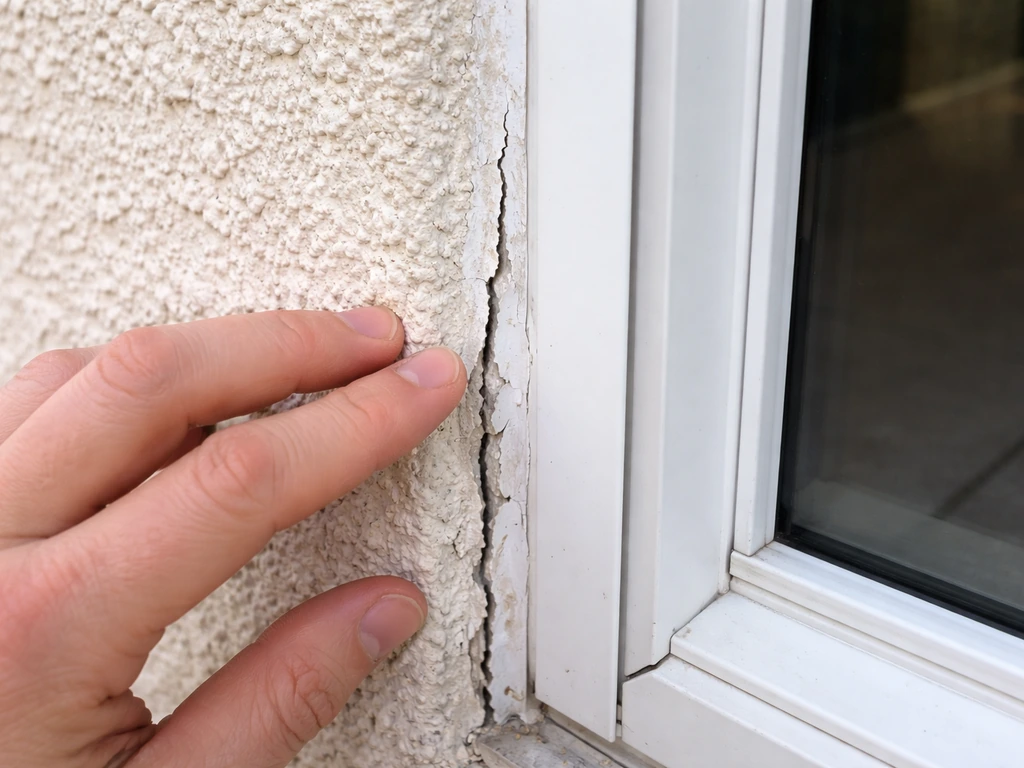 Close-up of a cracked, peeling caulk bead at a patio door frame-to-wall joint with a finger tracing gaps.