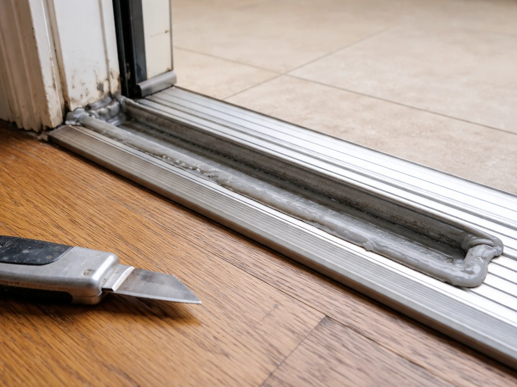 Close-up of a door threshold area with a removed insert and fresh sealant being reseated
