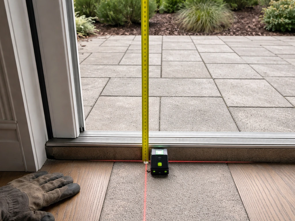 Tape measure and small laser level measuring the drop from a French door threshold to a patio grade.