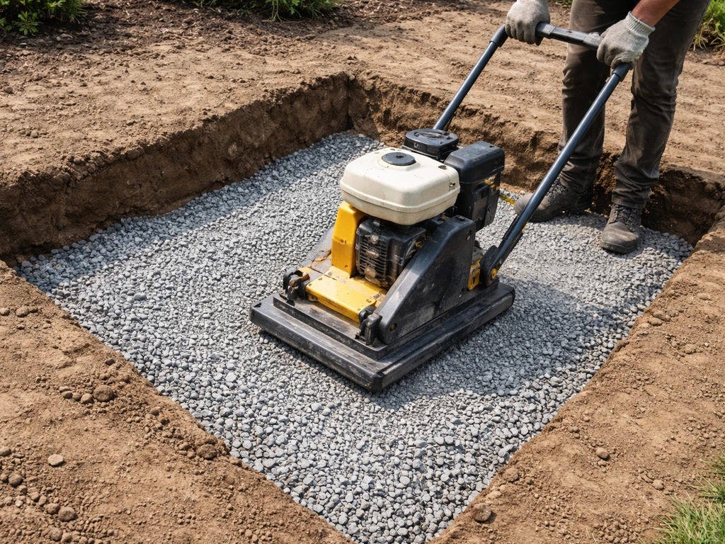 Plate compactor compacting a gravel base in an excavated patio step area