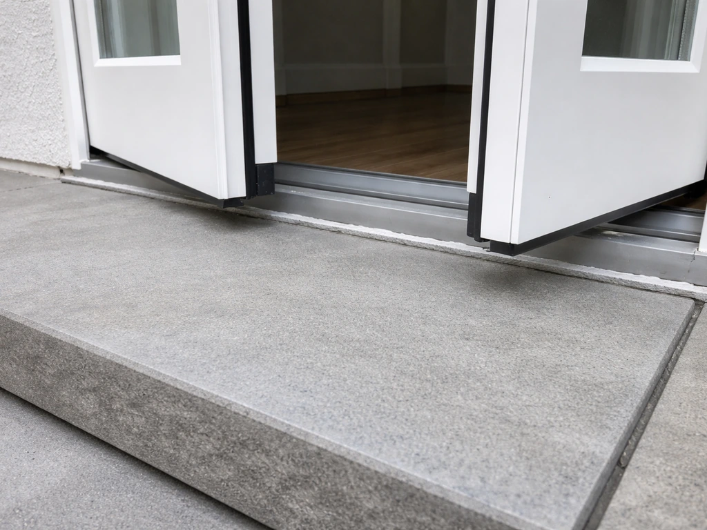 Close-up of the door threshold gap where new steps meet, showing caulk and a drip-edge for weatherproofing.