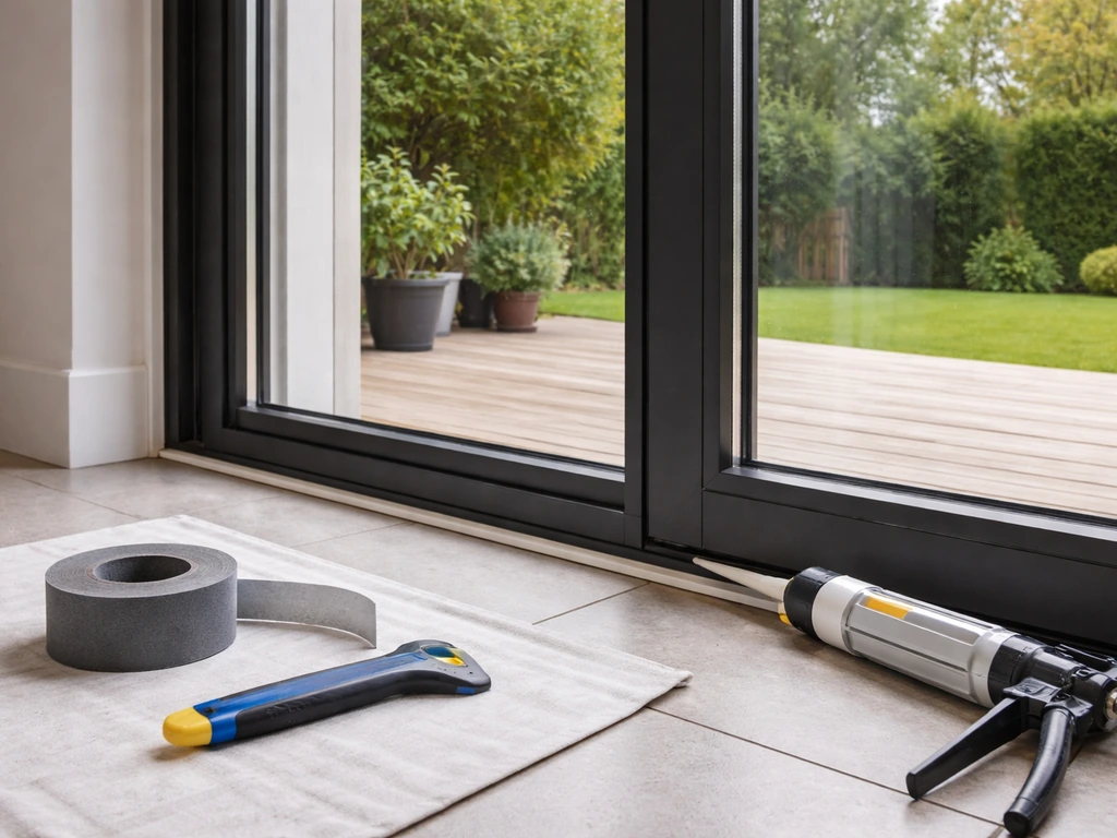 Wide photo of a sliding patio door with weatherstripping being sealed using caulk and acoustic tape.