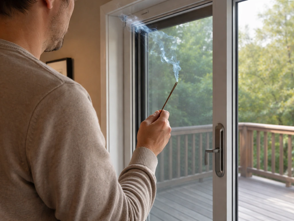 Homeowner checks where patio-door noise enters, holding incense smoke near the door perimeter with the door closed.