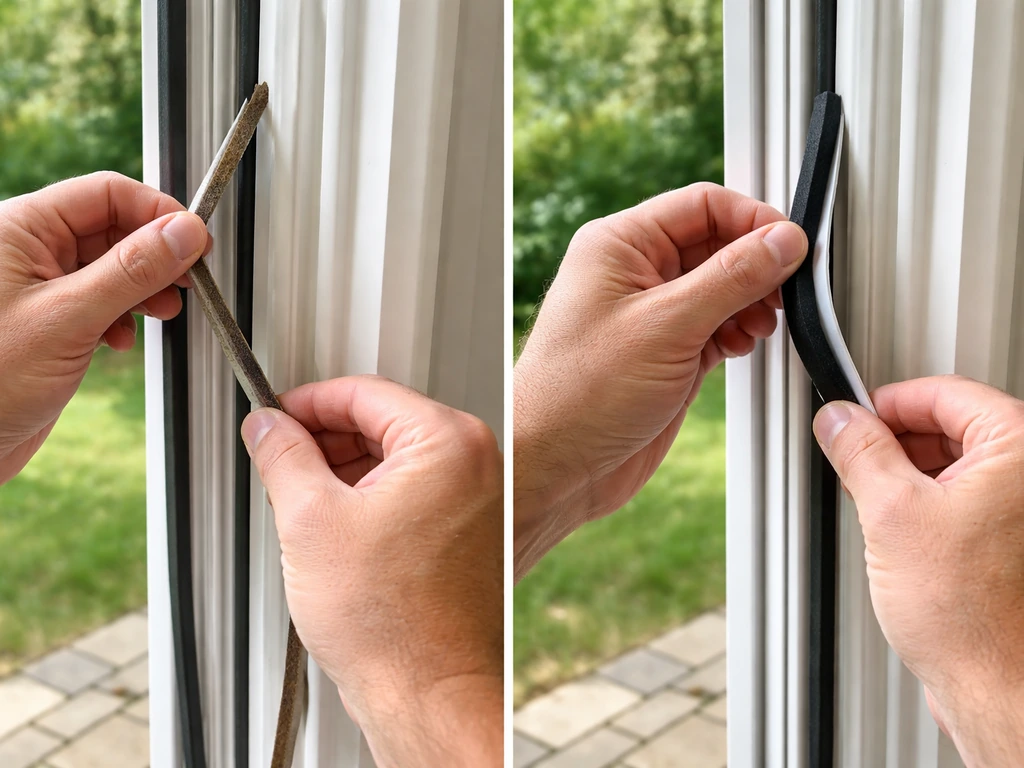 Hands peel off old patio-door weatherstripping and press new strip into the jamb track correctly.