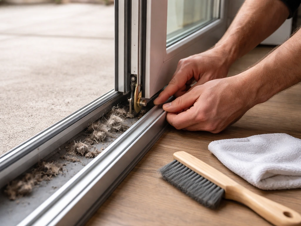 Technician cleaning a sliding patio door track; rollers aligned, debris removed from the channel.