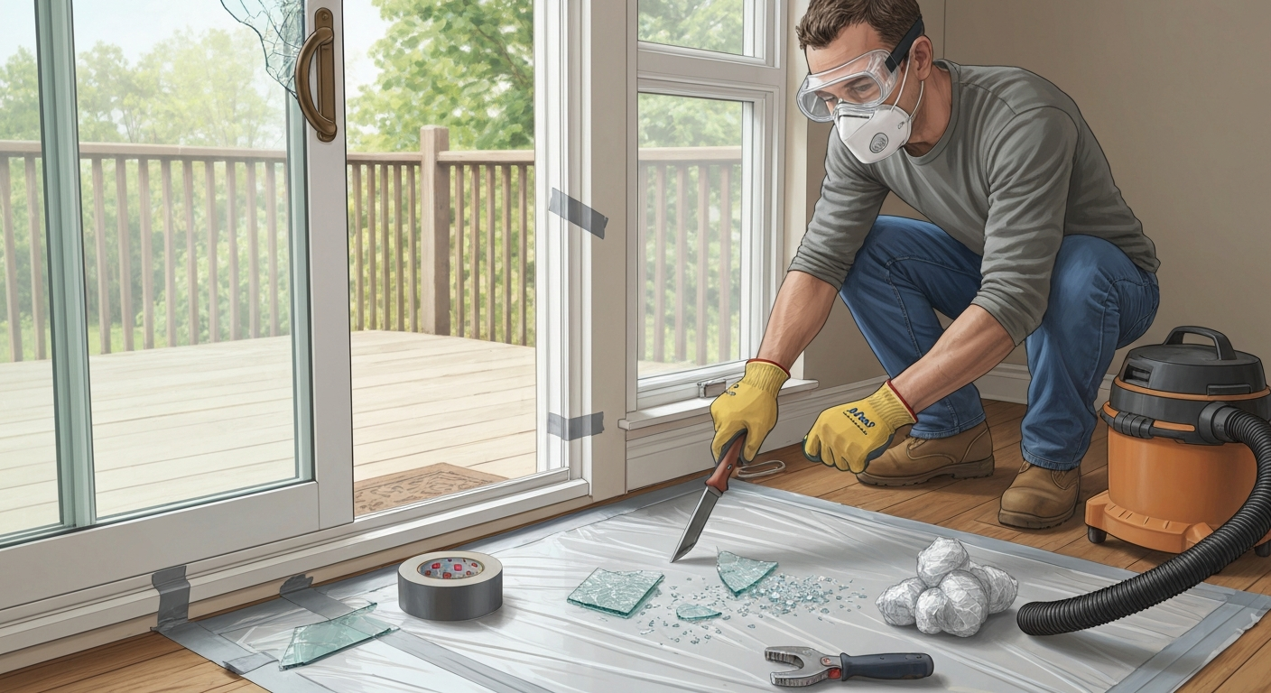 Person in PPE removing shattered patio door glass in a contained workspace with plastic sheeting, tools, and wrapped shards.
