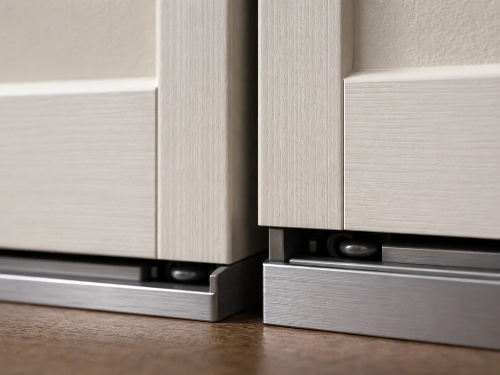 Close-up of a sagging door corner showing one side lower and the roller/track sitting beneath.