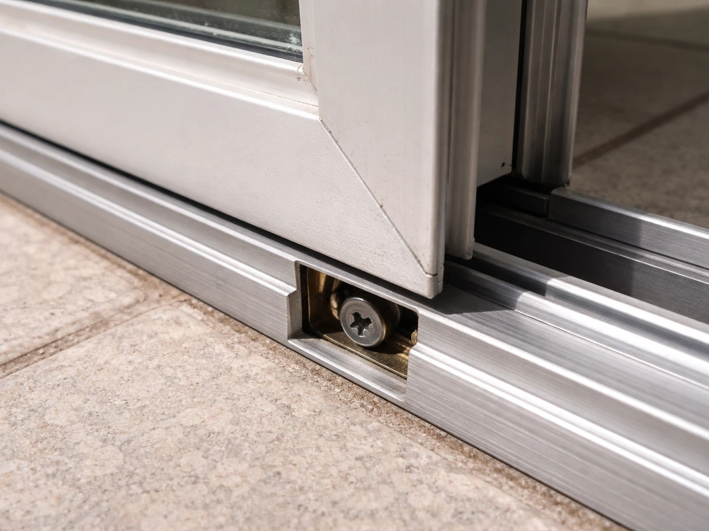Close-up of the bottom corner of a patio door track showing the exposed roller adjustment screw.